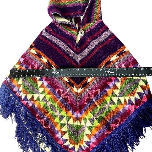 Handmade Toddler Alpaca Wool Poncho with Fringe Hooded Colorful Boho Toddler - Picture 8 of 11